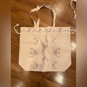 Sezane x Sea collab Floral Embroidered Tote in Cream and Pink